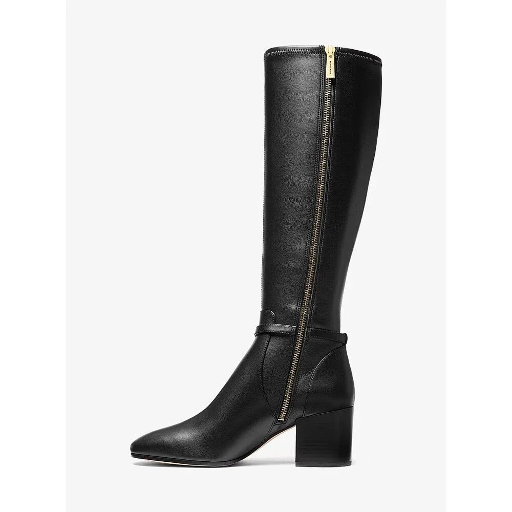 Michael Kors Women's Ella Block Heel Boot Black Faux Leather Tall Boots $345 10